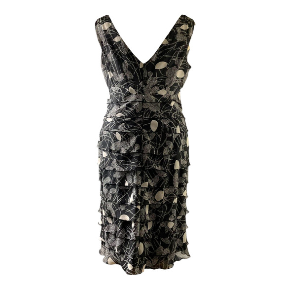 Jones Wear‎ Dress 12 Black White Floral Tiered Ruffle Sleeveless Mid-Length - Picture 2 of 14